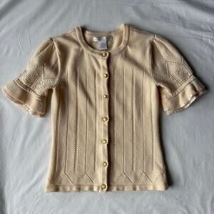 Merino Wool Cardigan Sequin Sleeve Butter Yellow Sweater - Size S